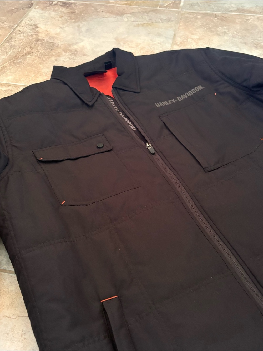 Harley Davidson Men’s XL Tall Quilted Shirt Jacket Black Logo Zip Lightweight - Picture 2 of 12
